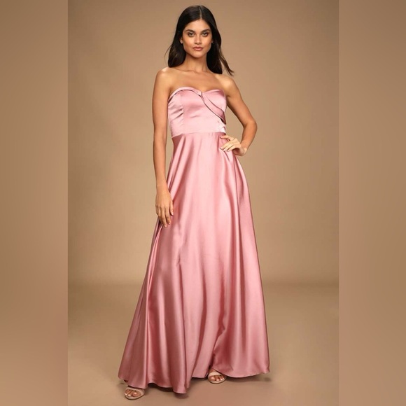 New Lulus Real Romantic Light Rose Satin Strapless Maxi Dress Size S - Picture 1 of 16